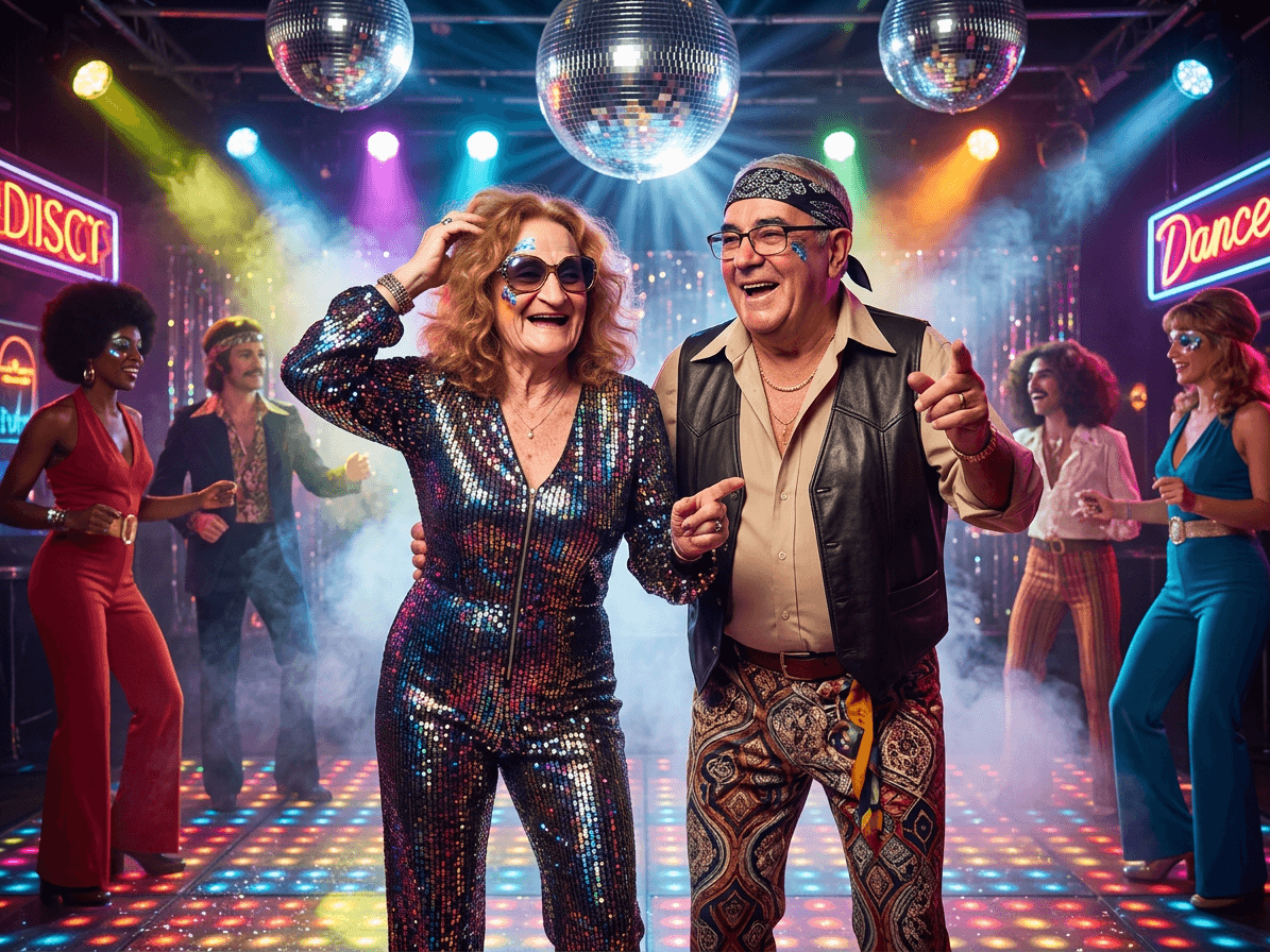 Invités transformés en danseurs disco des années 70, sur une piste lumineuse